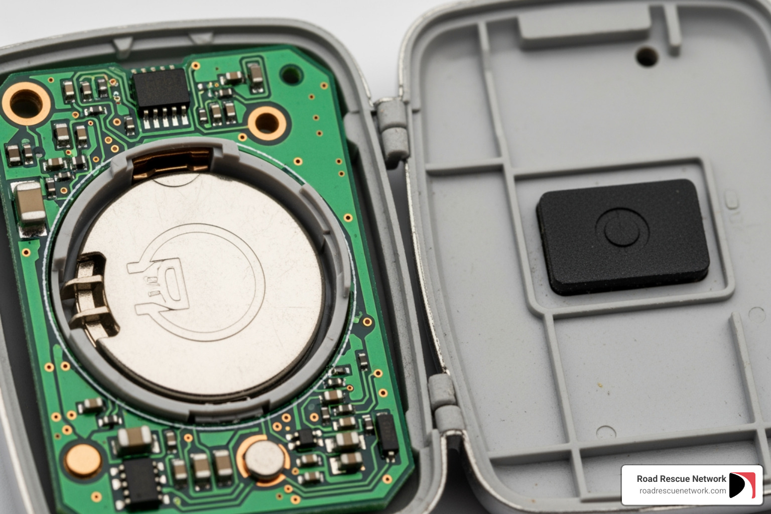 Open key fob showing the battery compartment and circuit board - change battery in toyota key fob