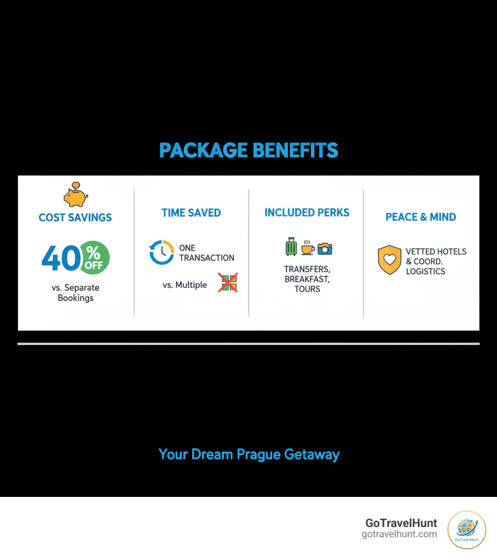 Infographic showing Package Benefits: Cost Savings (up to 40% less than separate bookings), Time Saved (one transaction vs multiple), Included Perks (transfers, breakfast, tours often bundled), Peace of Mind (vetted hotels and coordinated logistics) - flight and hotel packages to prague infographic Infographic showing Package Benefits: Cost Savings (up to 40% less than separate bookings), Time Saved (one transaction vs multiple), Included Perks (transfers, breakfast, tours often bundled), Peace of Mind (vetted hotels and coordinated logistics) - flight and hotel packages to prague infographic