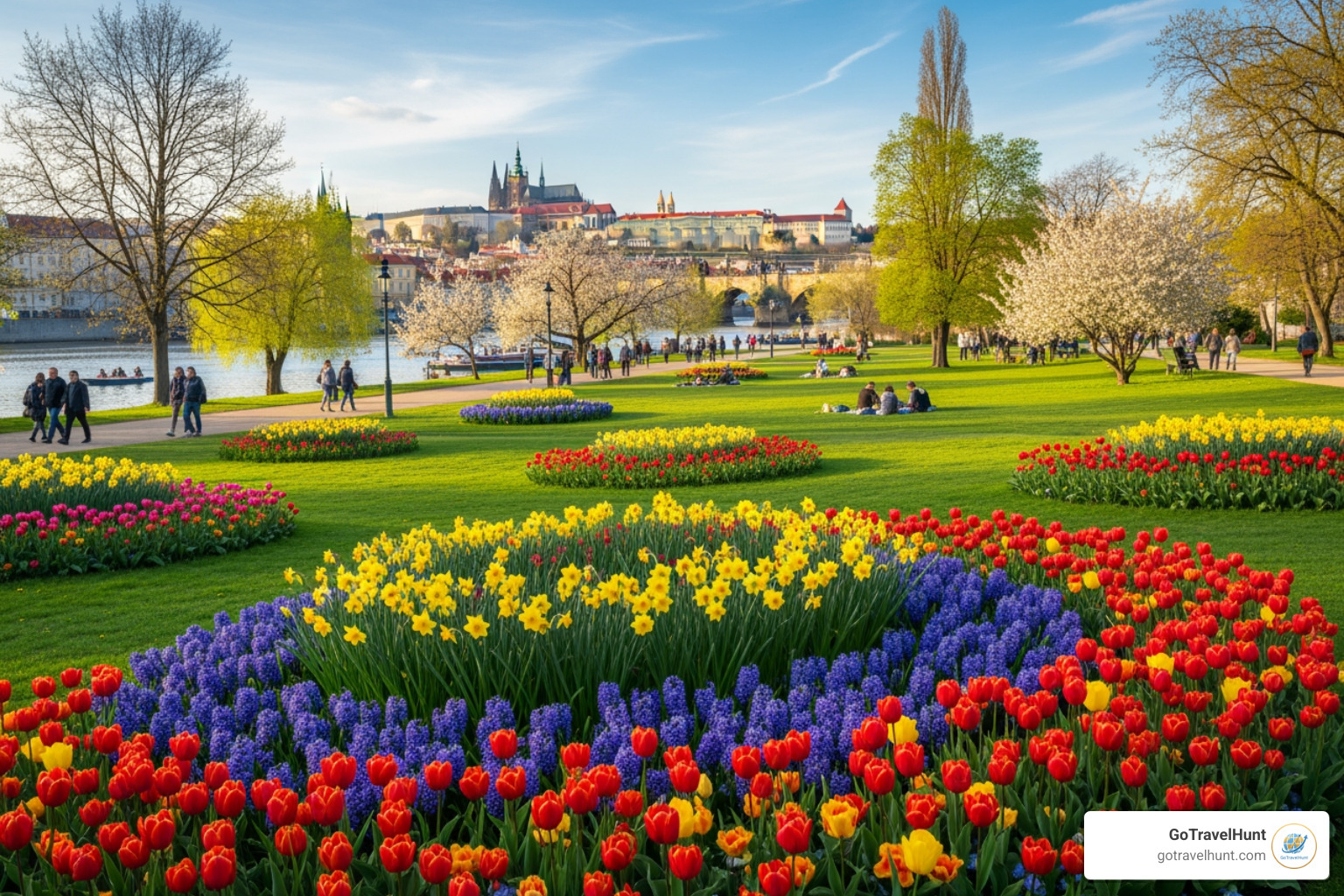 Prague in the springtime with blooming flowers in a park - flight and hotel packages to prague Prague in the springtime with blooming flowers in a park - flight and hotel packages to prague