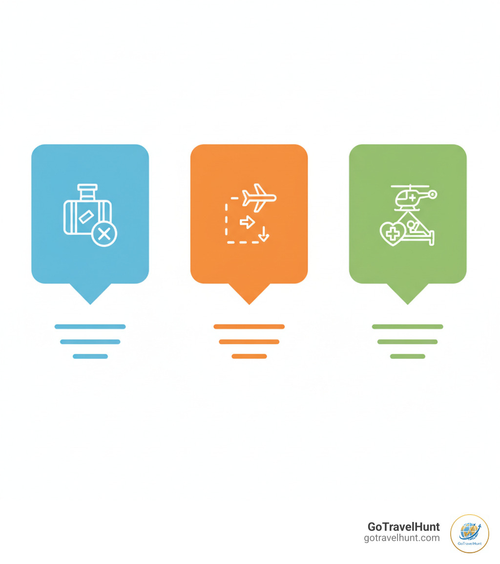 Infographic showing three columns: Trip Cancellation (reimburses prepaid non-refundable costs if unable to travel), Trip Interruption (covers unused expenses and additional transport if trip is cut short), and Emergency Medical Coverage (pays for treatment, hospitalization, and evacuation if sick while traveling) - covid flight insurance infographic 