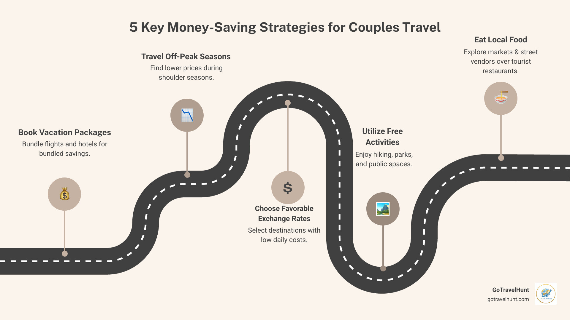 infographic showing five key money-saving strategies for couples travel including booking vacation packages for bundled savings, traveling during off-peak seasons for lower prices, choosing destinations with favorable exchange rates and low daily costs, utilizing free activities like hiking and exploring public spaces, and eating local food at markets and street vendors instead of tourist restaurants - cheap places for couples infographic roadmap-5-steps infographic showing five key money-saving strategies for couples travel including booking vacation packages for bundled savings, traveling during off-peak seasons for lower prices, choosing destinations with favorable exchange rates and low daily costs, utilizing free activities like hiking and exploring public spaces, and eating local food at markets and street vendors instead of tourist restaurants - cheap places for couples infographic roadmap-5-steps
