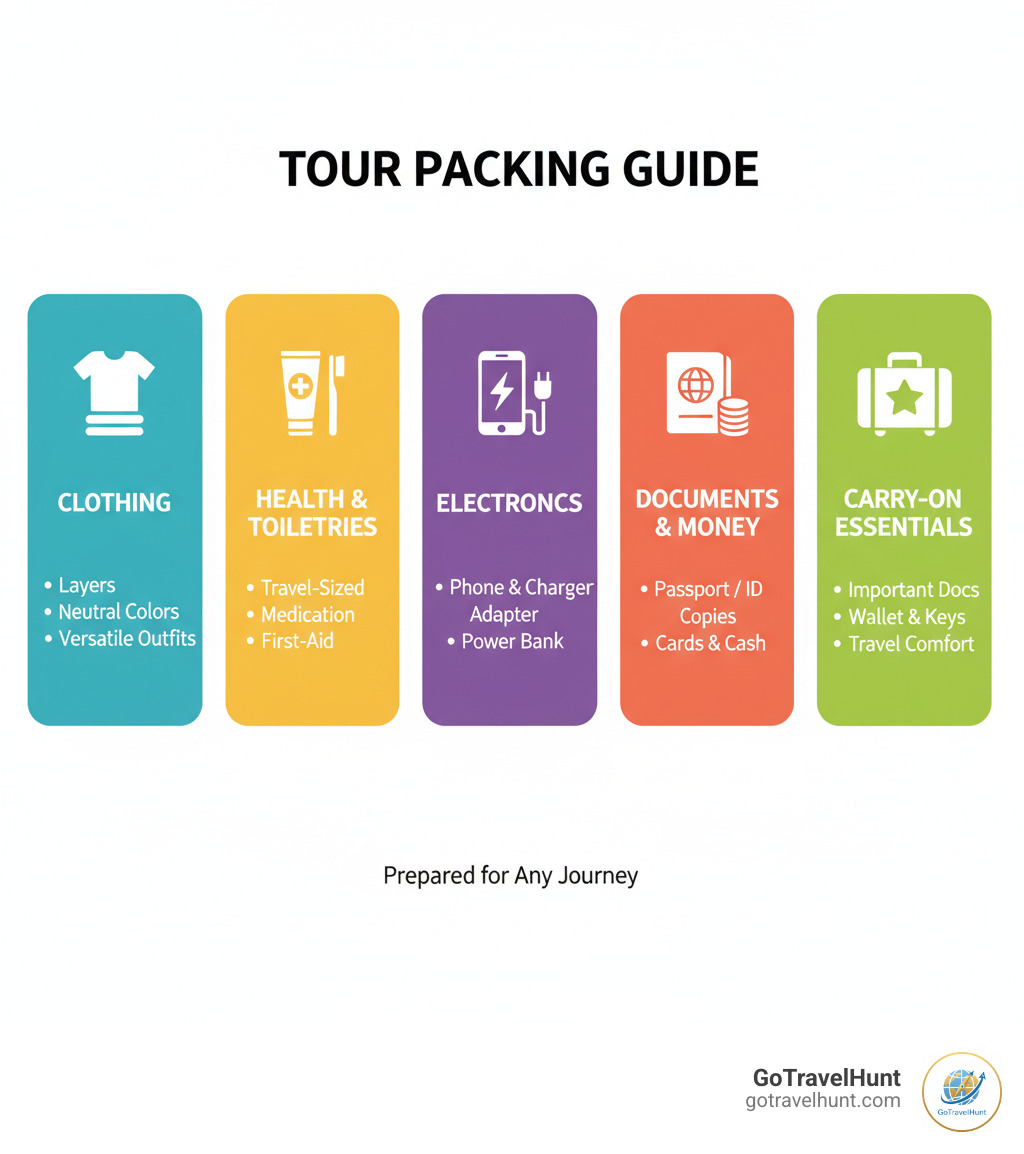 infographic showing five core packing categories with icons: clothing layers, toiletries and health items, electronics and chargers, documents and money, and a carry-on bag with essentials - packing list for tour infographic infographic showing five core packing categories with icons: clothing layers, toiletries and health items, electronics and chargers, documents and money, and a carry-on bag with essentials - packing list for tour infographic