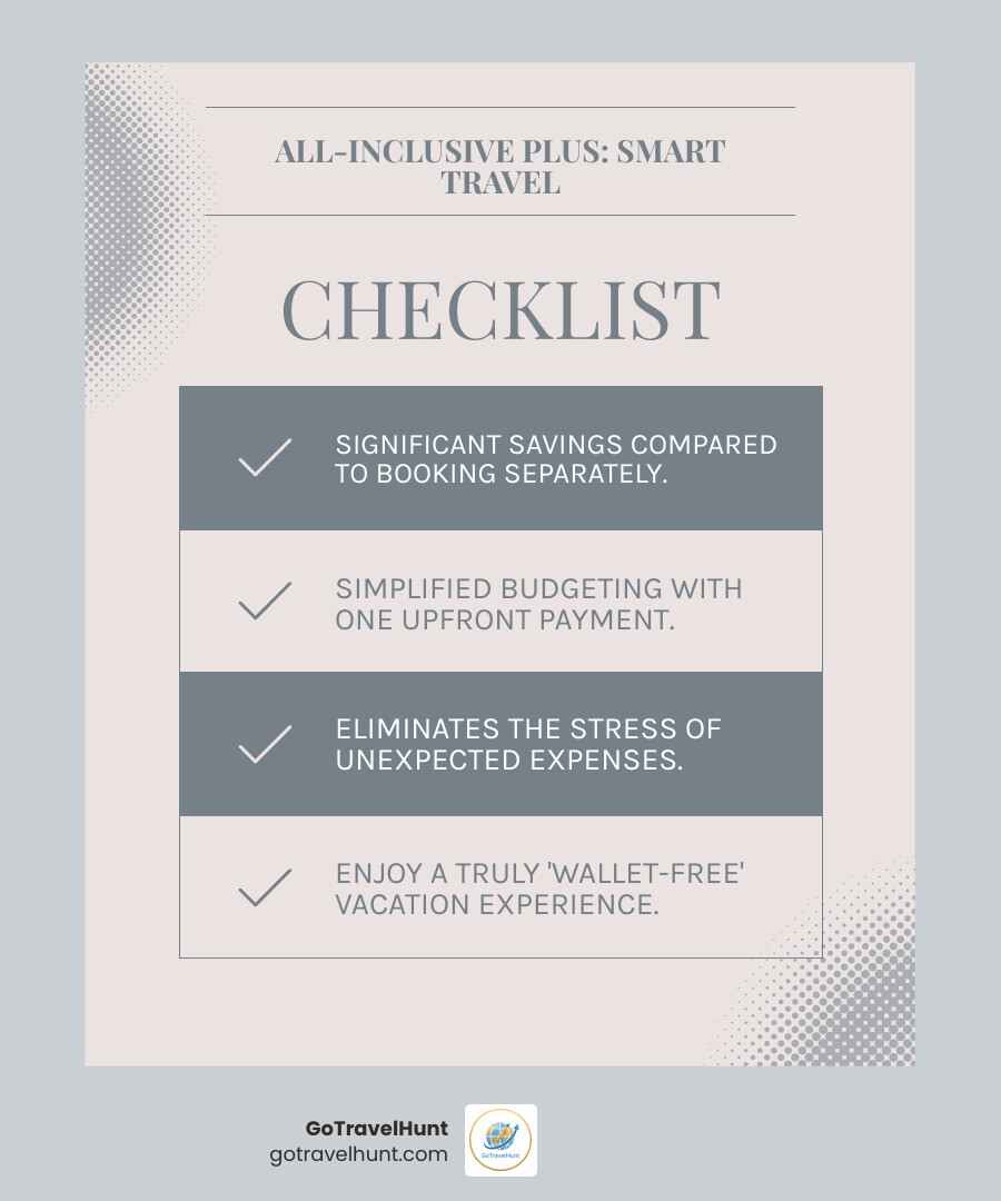Comparison table of booking components separately vs all-inclusive plus package - all inclusive plus flight infographic checklist-light-blue-grey