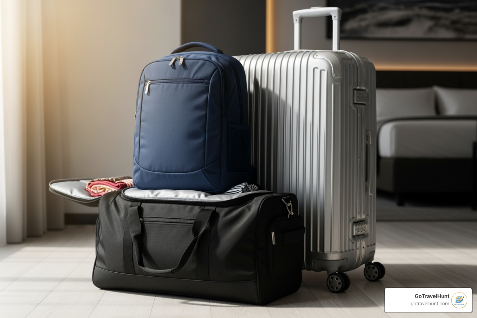 different luggage types like a duffel bag, a large suitcase, and a carry-on backpack - packing list for tour different luggage types like a duffel bag, a large suitcase, and a carry-on backpack - packing list for tour