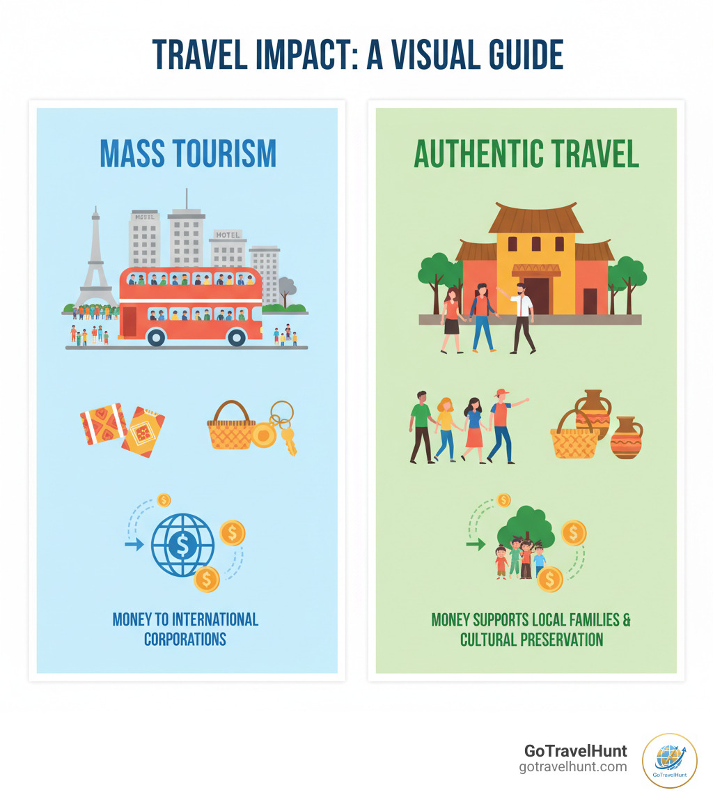 Infographic comparing mass tourism versus authentic travel: Mass tourism shows large tour buses, crowded landmarks, chain hotels, and generic souvenirs with money flowing to international corporations. Authentic travel shows small groups, local guides, community-owned lodgings, traditional crafts, and money supporting local families and cultural preservation. - authentic travel company infographic Infographic comparing mass tourism versus authentic travel: Mass tourism shows large tour buses, crowded landmarks, chain hotels, and generic souvenirs with money flowing to international corporations. Authentic travel shows small groups, local guides, community-owned lodgings, traditional crafts, and money supporting local families and cultural preservation. - authentic travel company infographic