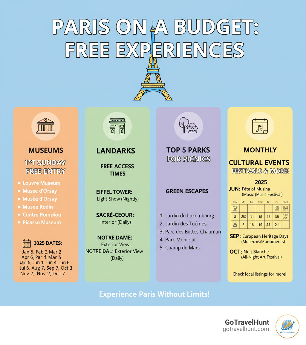 Infographic showing Paris free activities by category: Museums with first Sunday free entry dates, Major landmarks with free access times, Top 5 parks for picnics, Monthly cultural events calendar - Free things Paris infographic Infographic showing Paris free activities by category: Museums with first Sunday free entry dates, Major landmarks with free access times, Top 5 parks for picnics, Monthly cultural events calendar - Free things Paris infographic