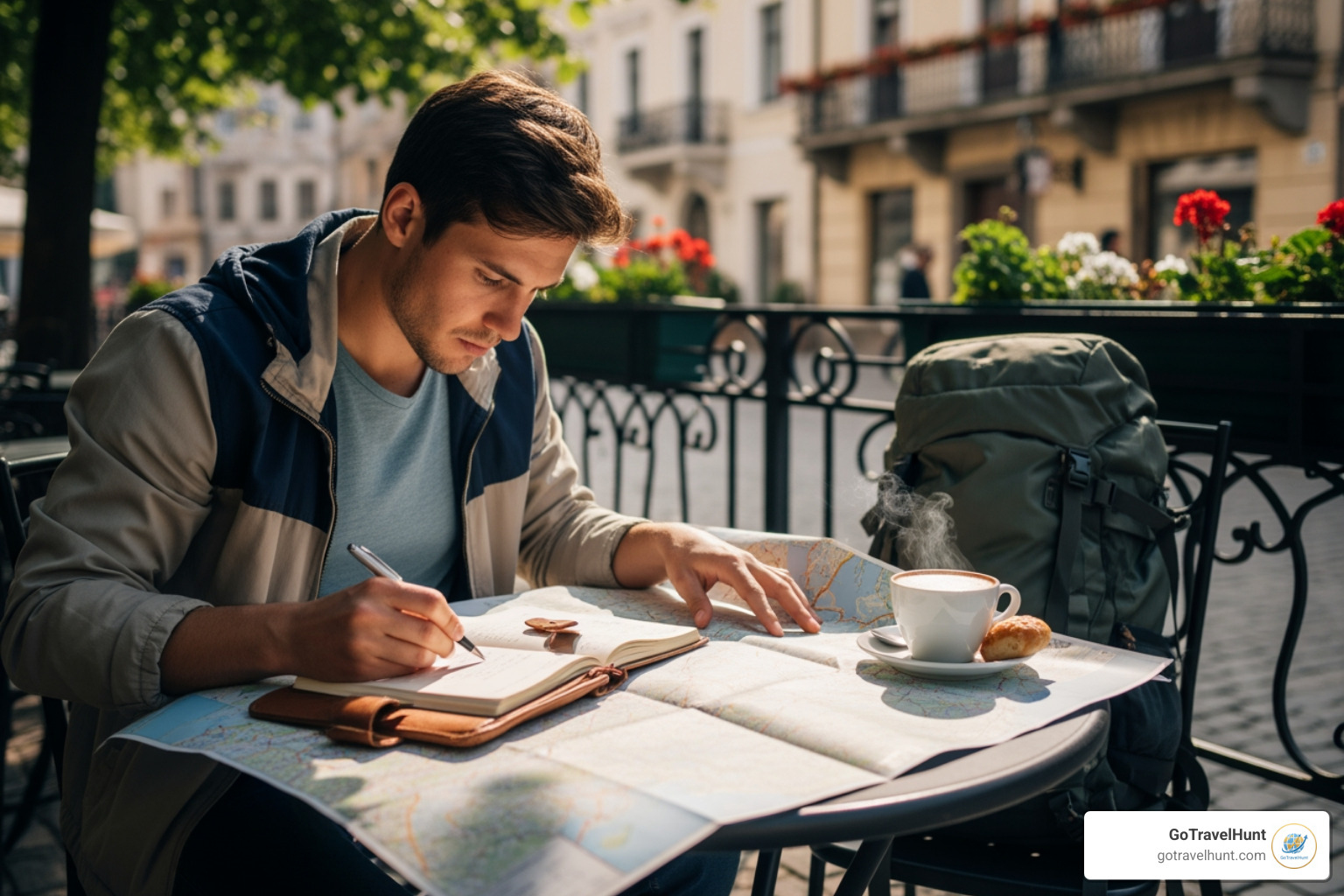 A person sitting at a cafe table, intently looking at a map of a European city and making notes in a travel journal, with a cup of coffee nearby. - authentic travel company A person sitting at a cafe table, intently looking at a map of a European city and making notes in a travel journal, with a cup of coffee nearby. - authentic travel company