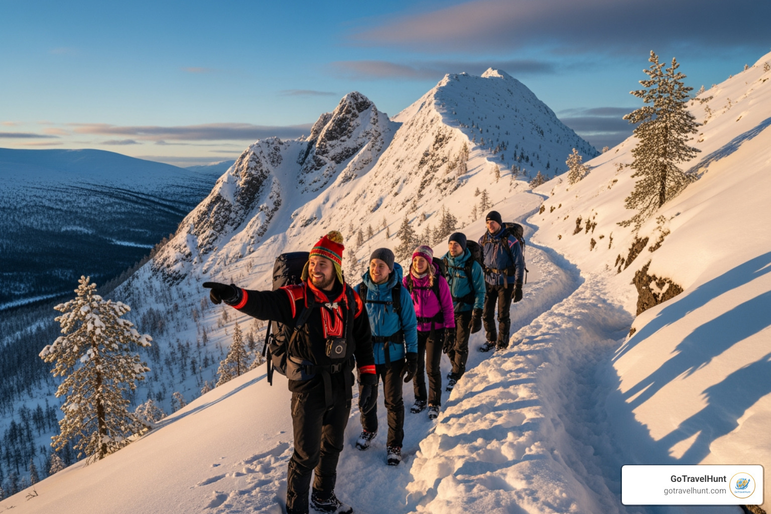 A small group of hikers navigating a winding path through a remote, snow-capped mountain range in Finland, with a local guide pointing out features. - authentic travel company A small group of hikers navigating a winding path through a remote, snow-capped mountain range in Finland, with a local guide pointing out features. - authentic travel company
