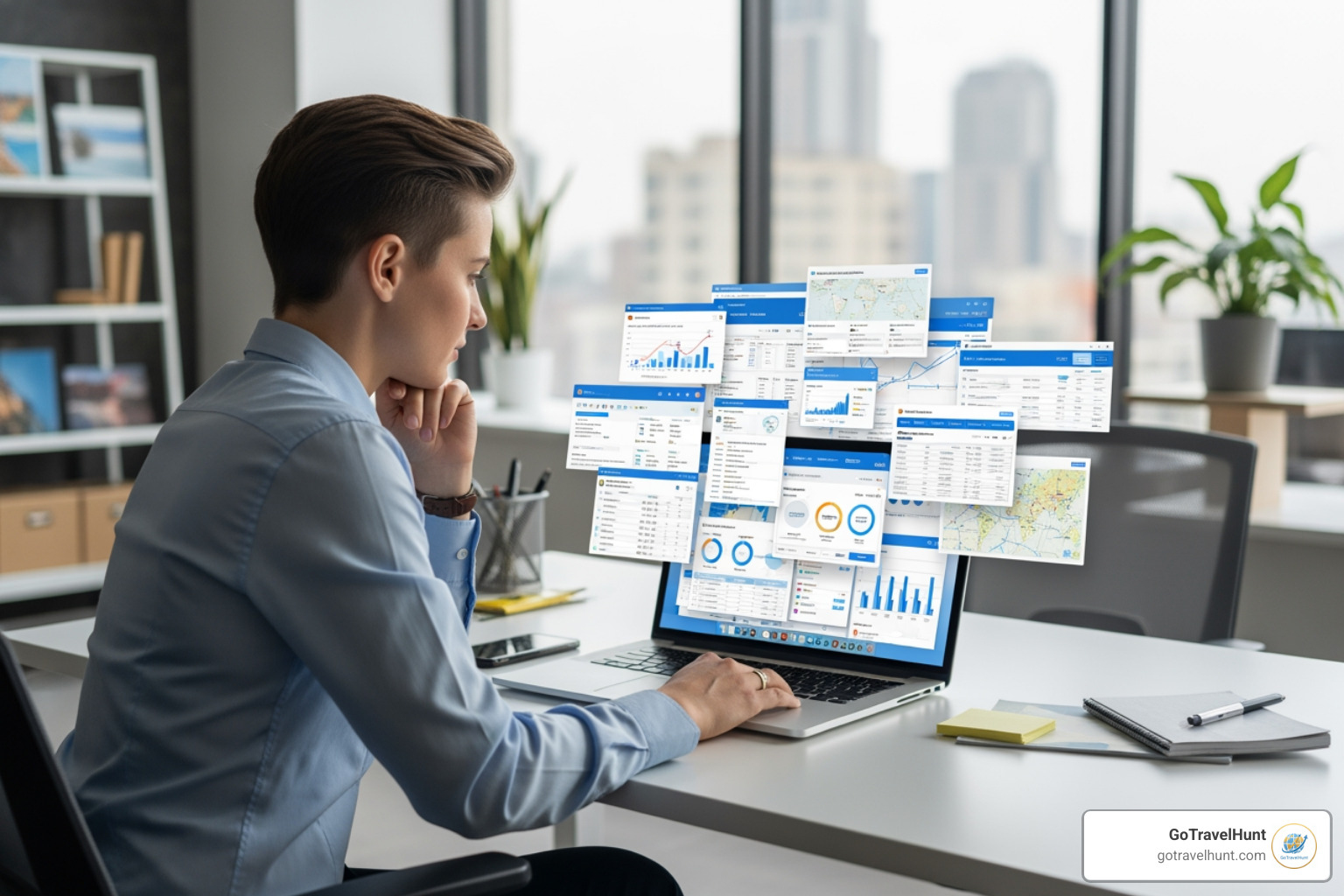 person comparing different software options on a laptop - travel agent booking tools