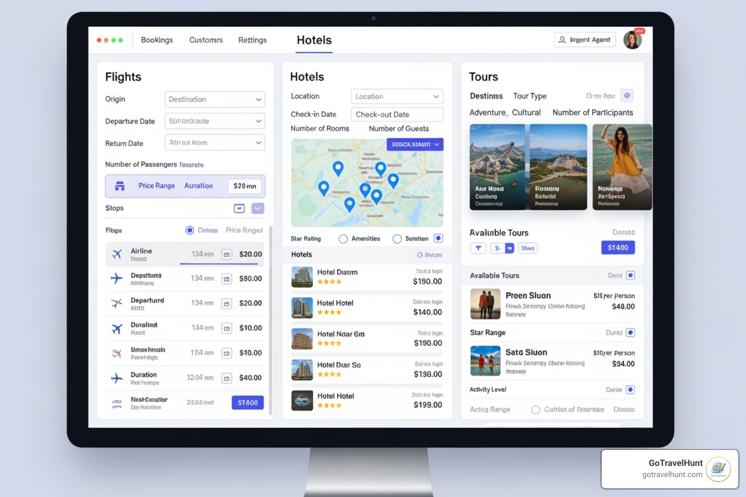 software dashboard showing flights, hotels, and tours - travel agent booking tools