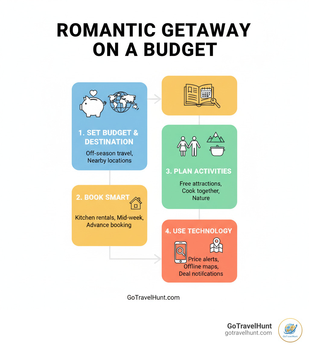 Infographic showing 4 key steps: 1. Set Budget & Choose Destination (off-season travel, nearby locations), 2. Book Smart (rentals with kitchens, mid-week travel, advance booking), 3. Plan Activities (free attractions, cooking together, nature experiences), 4. Use Technology (price alerts, offline maps, deal notifications) - how to plan a romantic weekend getaway on a budget infographic Infographic showing 4 key steps: 1. Set Budget & Choose Destination (off-season travel, nearby locations), 2. Book Smart (rentals with kitchens, mid-week travel, advance booking), 3. Plan Activities (free attractions, cooking together, nature experiences), 4. Use Technology (price alerts, offline maps, deal notifications) - how to plan a romantic weekend getaway on a budget infographic