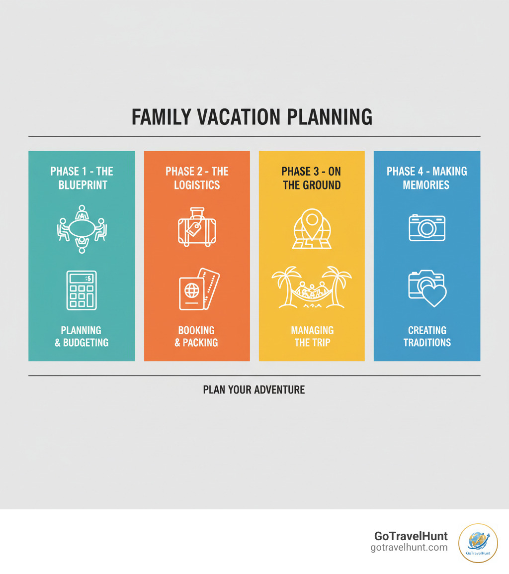 Infographic showing 4 key phases of family vacation planning: Phase 1 - The Blueprint (Planning & Budgeting with family meeting and calculator icons), Phase 2 - The Logistics (Booking & Packing with luggage and passport icons), Phase 3 - On The Ground (Managing the Trip with map and relaxed family icons), Phase 4 - Making Memories (Creating Traditions with camera and heart icons) - family vacation tips infographic 