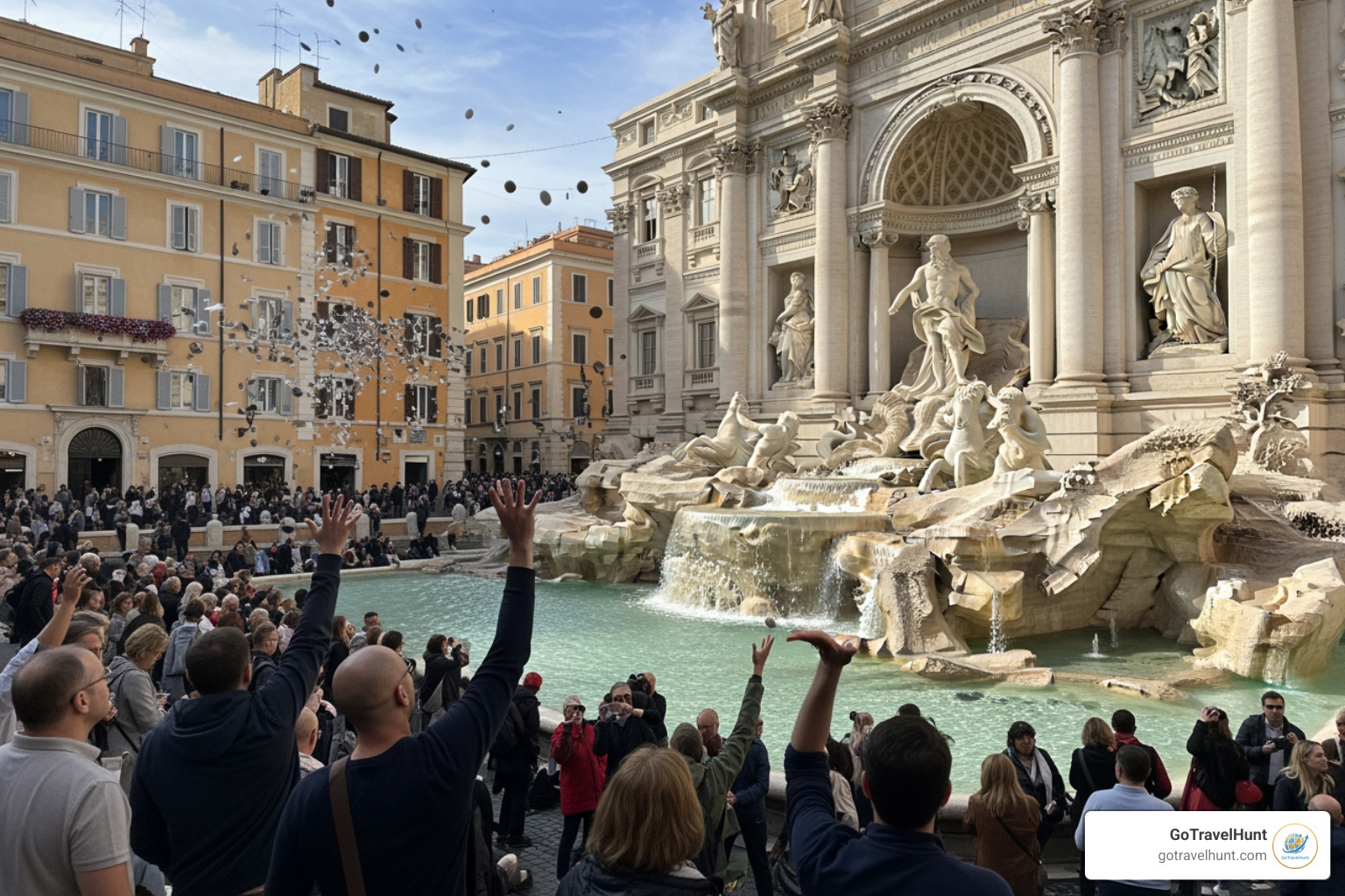 Trevi Fountain with tourists tossing coins - rome vacation packages Trevi Fountain with tourists tossing coins - rome vacation packages