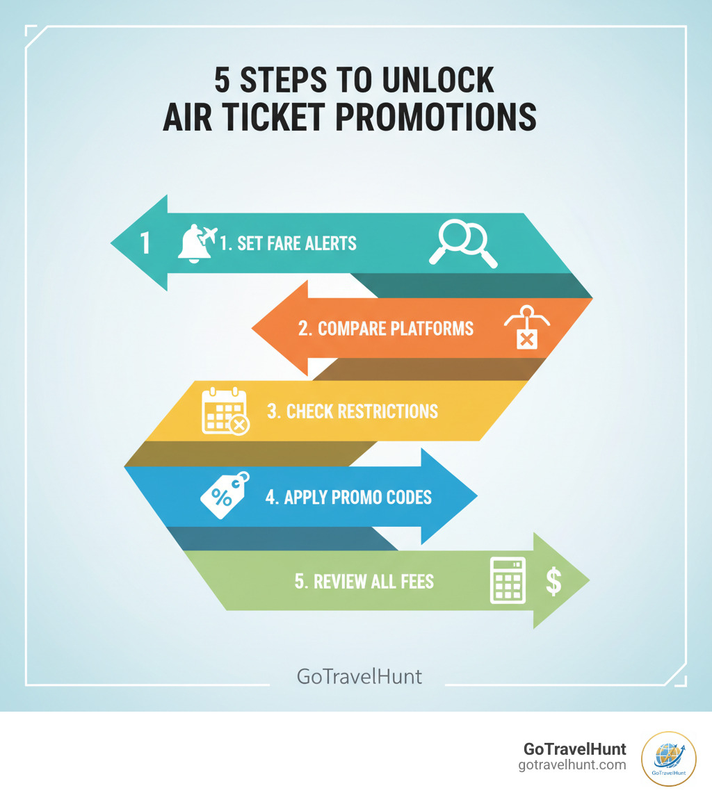 Infographic showing the 5-step process: 1. Set up fare alerts for your destination, 2. Compare prices across multiple platforms, 3. Check booking and travel date restrictions, 4. Apply promo codes at checkout, 5. Review all fees before final purchase - air ticket promotion infographic 
