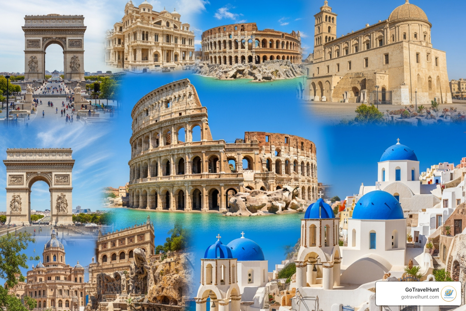 collage of popular destinations like Paris, Rome, and Santorini - book holiday packages