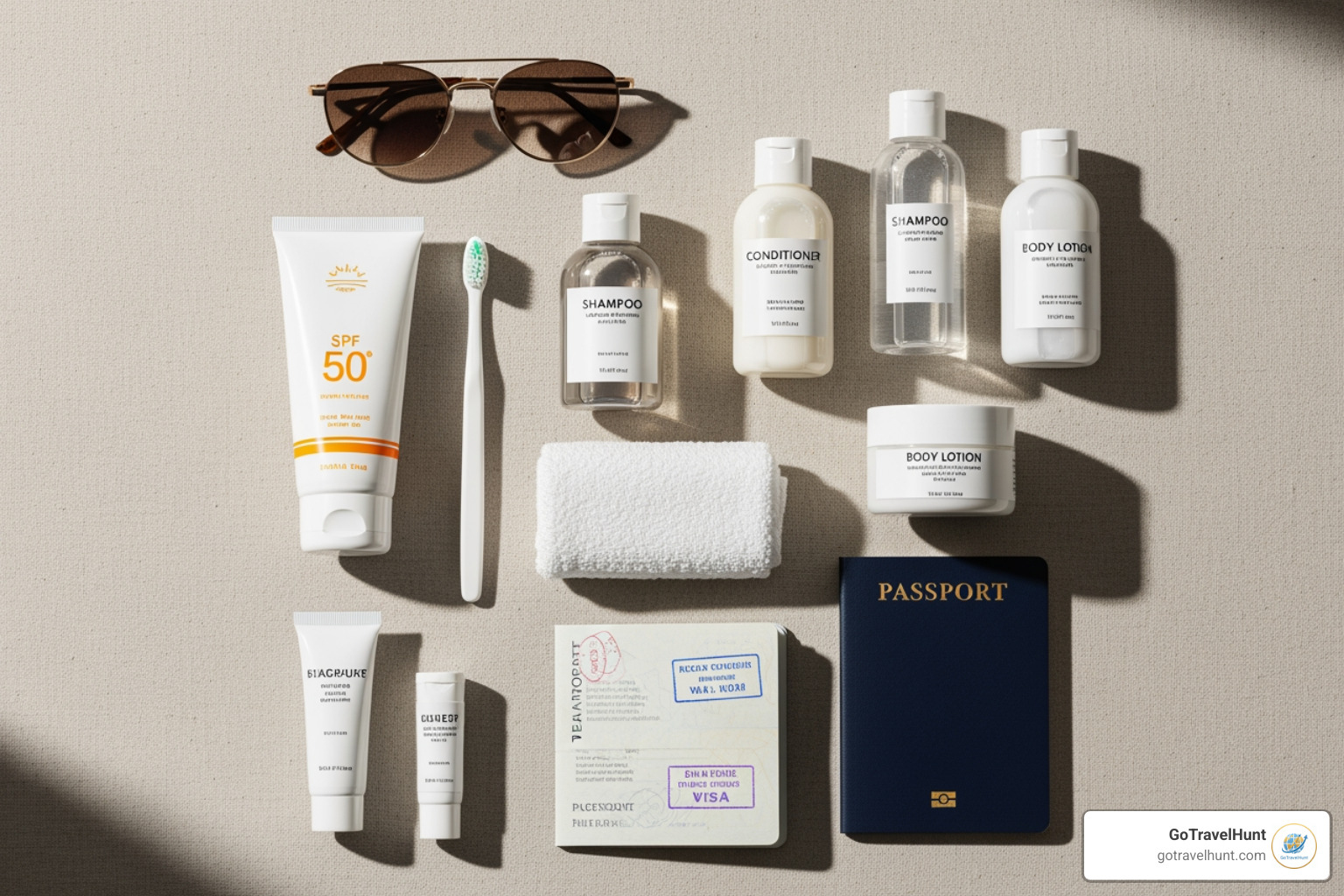 flat lay of essential cruise toiletries like sunscreen, a toothbrush, travel-sized bottles, and a passport - cruise toiletries checklist flat lay of essential cruise toiletries like sunscreen, a toothbrush, travel-sized bottles, and a passport - cruise toiletries checklist