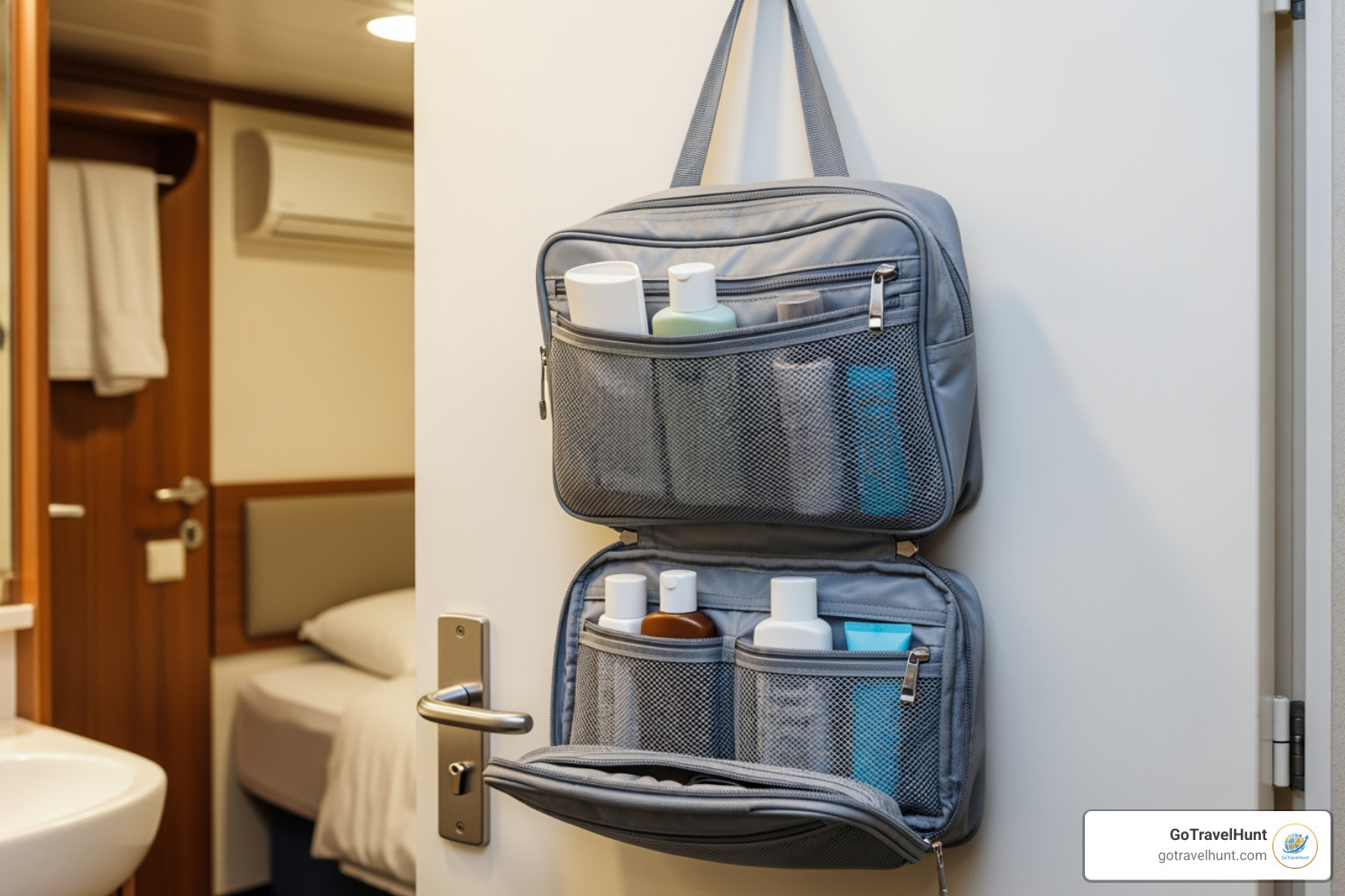 hanging toiletry bag on a cruise cabin bathroom door - cruise toiletries checklist hanging toiletry bag on a cruise cabin bathroom door - cruise toiletries checklist