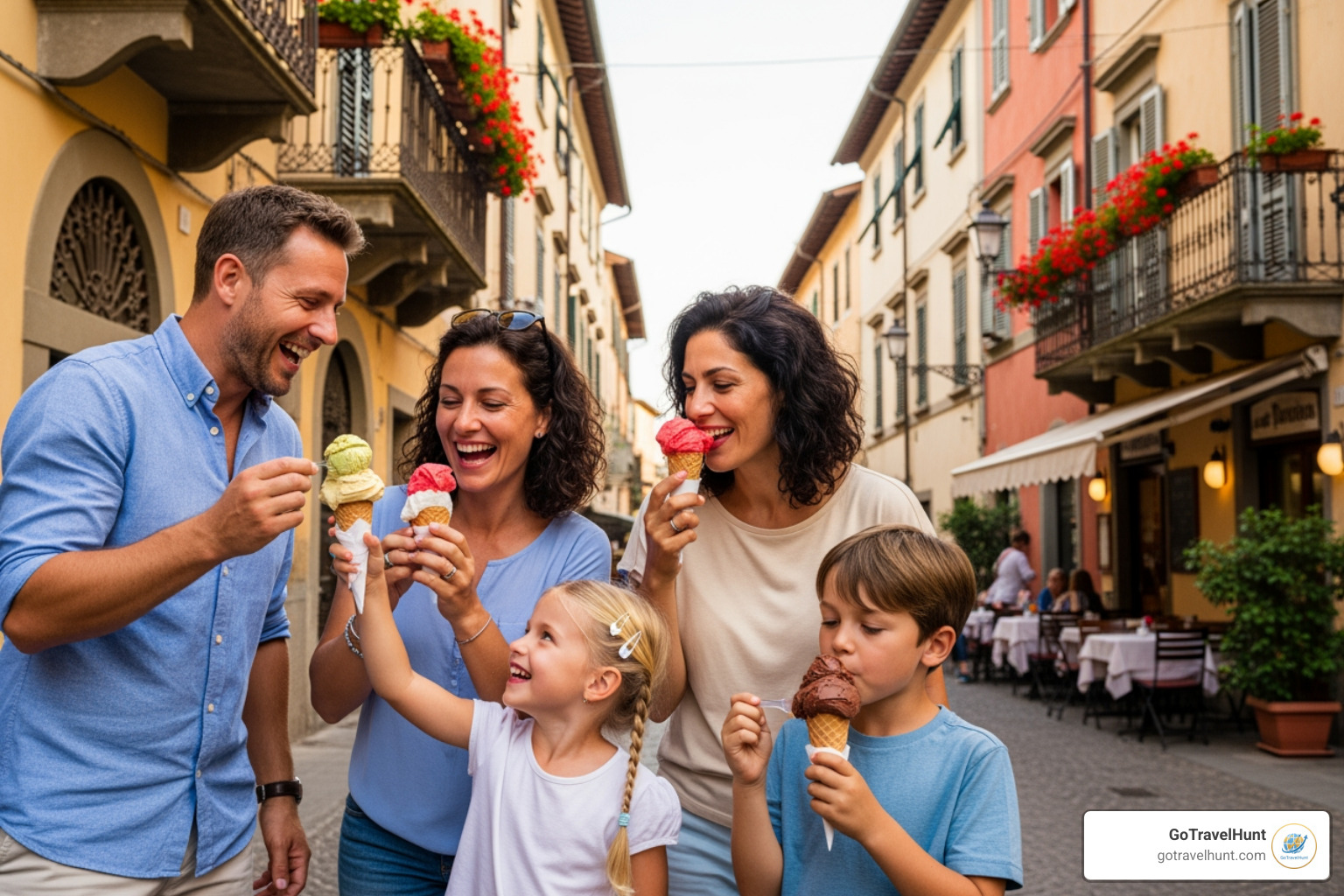 family eating gelato in Italy - vacation ideas for families family eating gelato in Italy - vacation ideas for families
