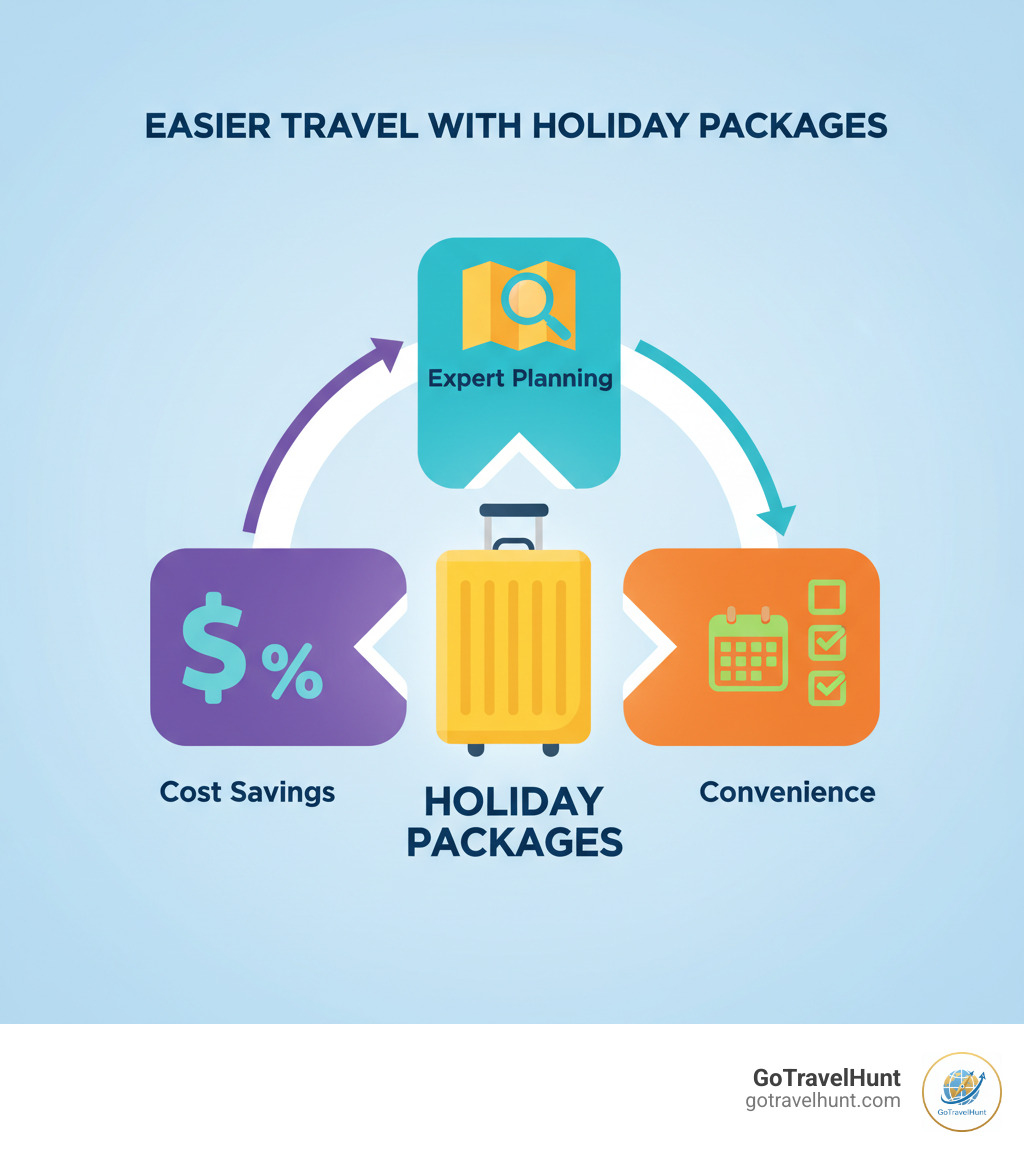 infographic showing three pillars: Cost Savings with dollar sign and percentage symbols, Convenience with calendar and checklist icons, and Expert Planning with magnifying glass over map, all connected to a central suitcase icon labeled Holiday Packages - book holiday packages infographic 