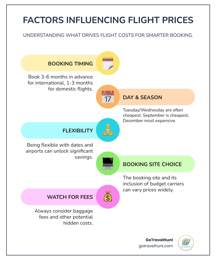 Infographic showing factors that influence flight prices: booking timing (3-6 months for international, 1-3 months domestic), day of week (Tuesday/Wednesday cheapest), seasonality (September cheapest, December most expensive), flexibility with dates and airports, choice of booking site, inclusion of budget carriers, and baggage fees - cheapest airline booking site infographic infographic-line-5-steps-colors
