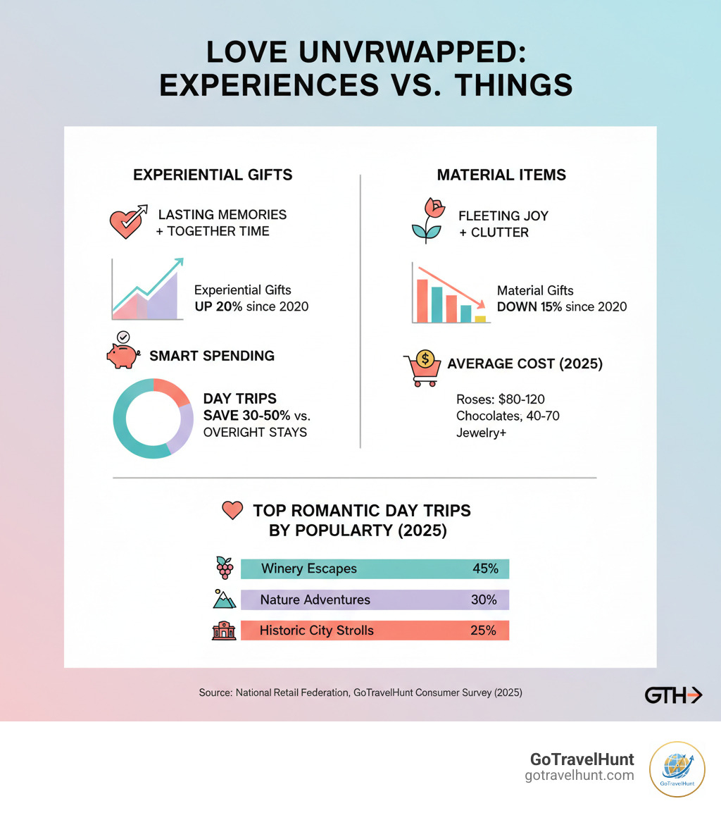 infographic showing benefits of experiential gifts over material items, including statistics on Valentine's Day spending trends, average cost savings of day trips versus overnight stays, and top romantic day trip categories by popularity - valentine's day day trip ideas infographic infographic showing benefits of experiential gifts over material items, including statistics on Valentine's Day spending trends, average cost savings of day trips versus overnight stays, and top romantic day trip categories by popularity - valentine's day day trip ideas infographic