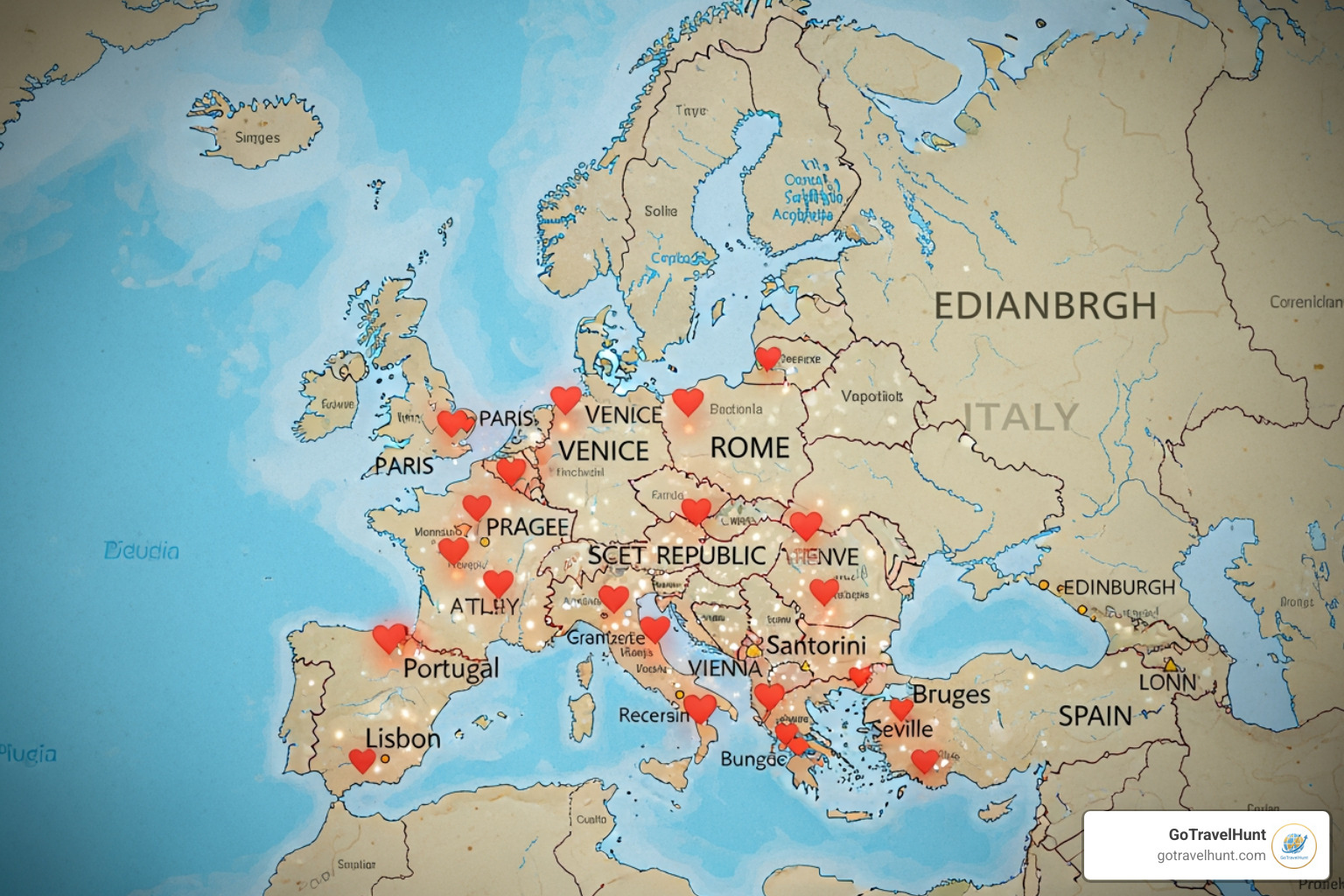 map of Europe with hearts on different locations - valentine's day day trip ideas map of Europe with hearts on different locations - valentine's day day trip ideas
