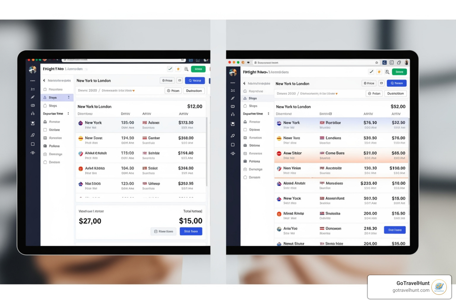 Split screen showing different flight search results - cheapest airline booking site