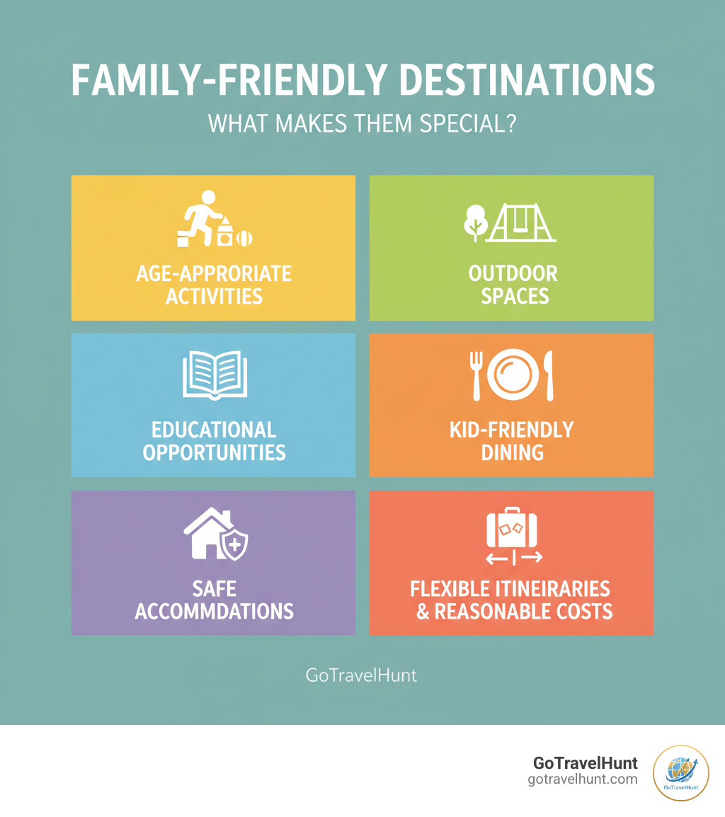 infographic explaining what makes destinations family-friendly including age-appropriate activities outdoor spaces educational opportunities kid-friendly dining safe accommodations flexible itineraries and reasonable costs - vacation ideas for families infographic infographic explaining what makes destinations family-friendly including age-appropriate activities outdoor spaces educational opportunities kid-friendly dining safe accommodations flexible itineraries and reasonable costs - vacation ideas for families infographic