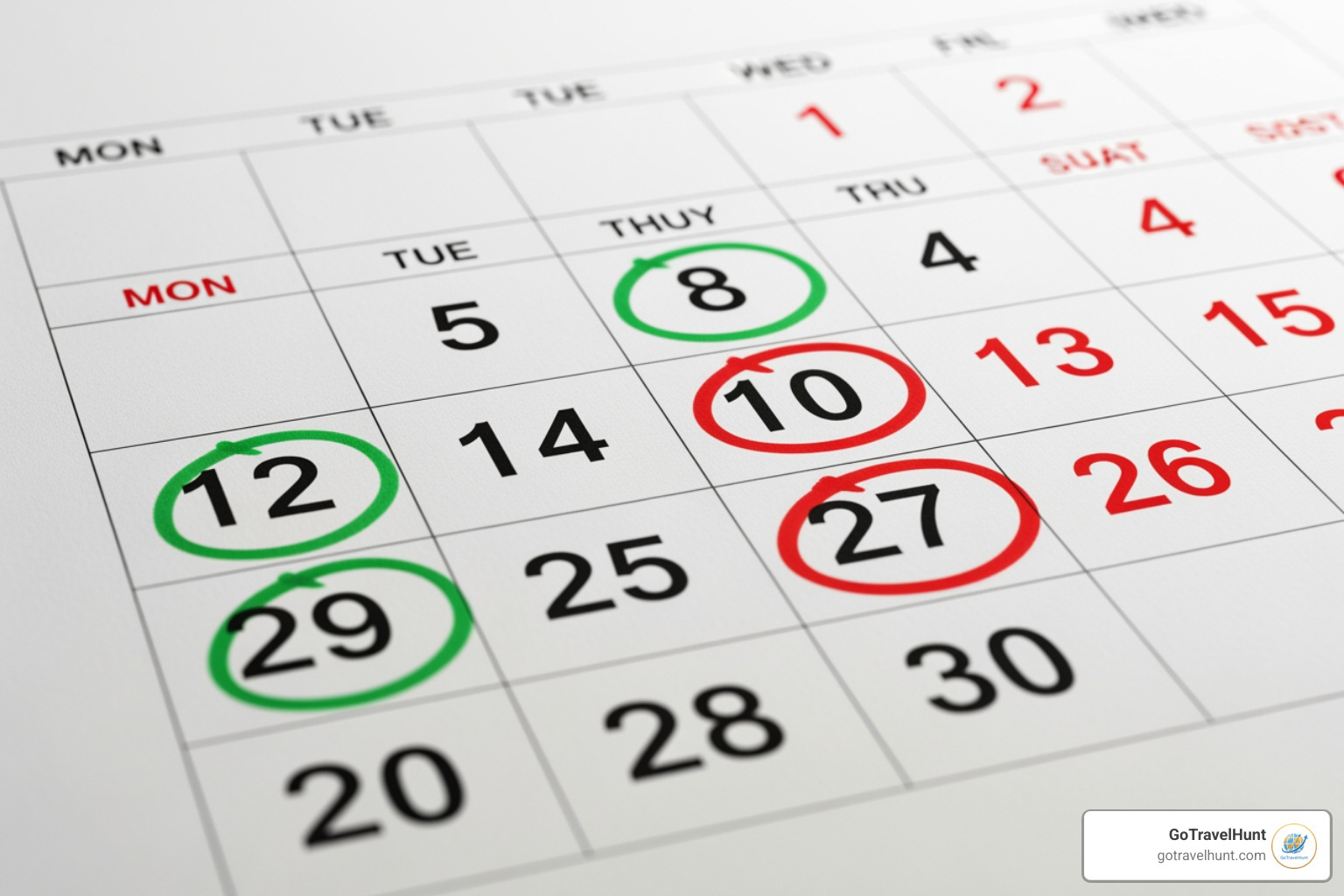 Calendar with certain dates circled to indicate cheap flying days - cheapest airline booking site