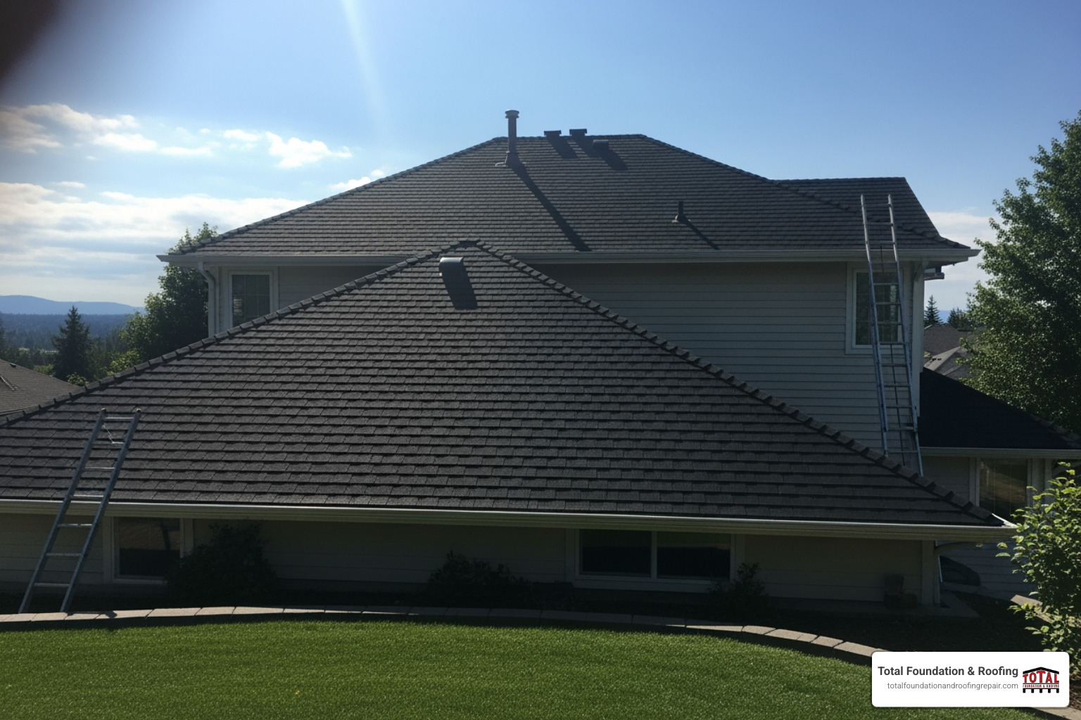 A newly repaired roof on a sunny day, looking clean and sturdy, with a clear blue sky. - storm damage repair contractors