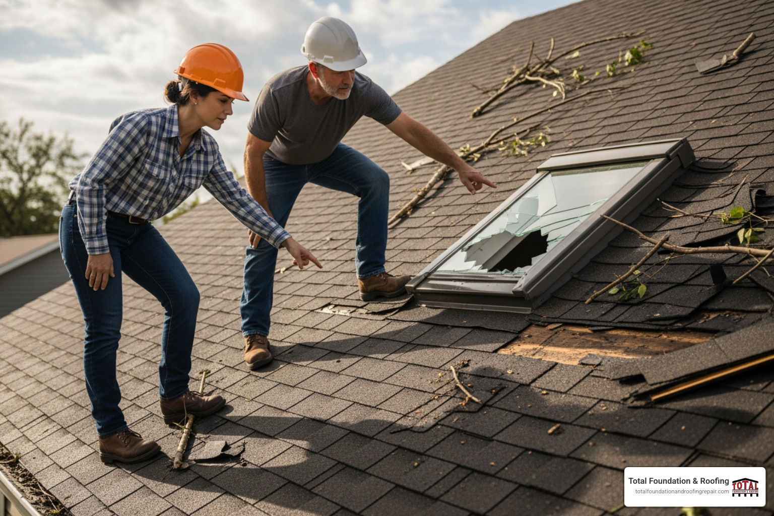 An insurance adjuster in a hard hat inspecting a damaged roof with a contractor, both pointing at an affected area. - storm damage repair contractors