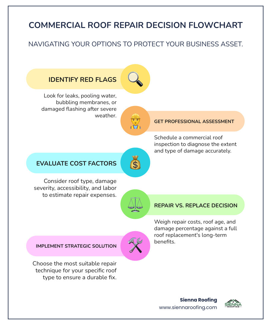 Commercial roof repair decision flowchart showing damage assessment, cost factors, repair vs replace decision points, and recommended solutions for different roof types - roof repair infographic infographic-line-5-steps-colors