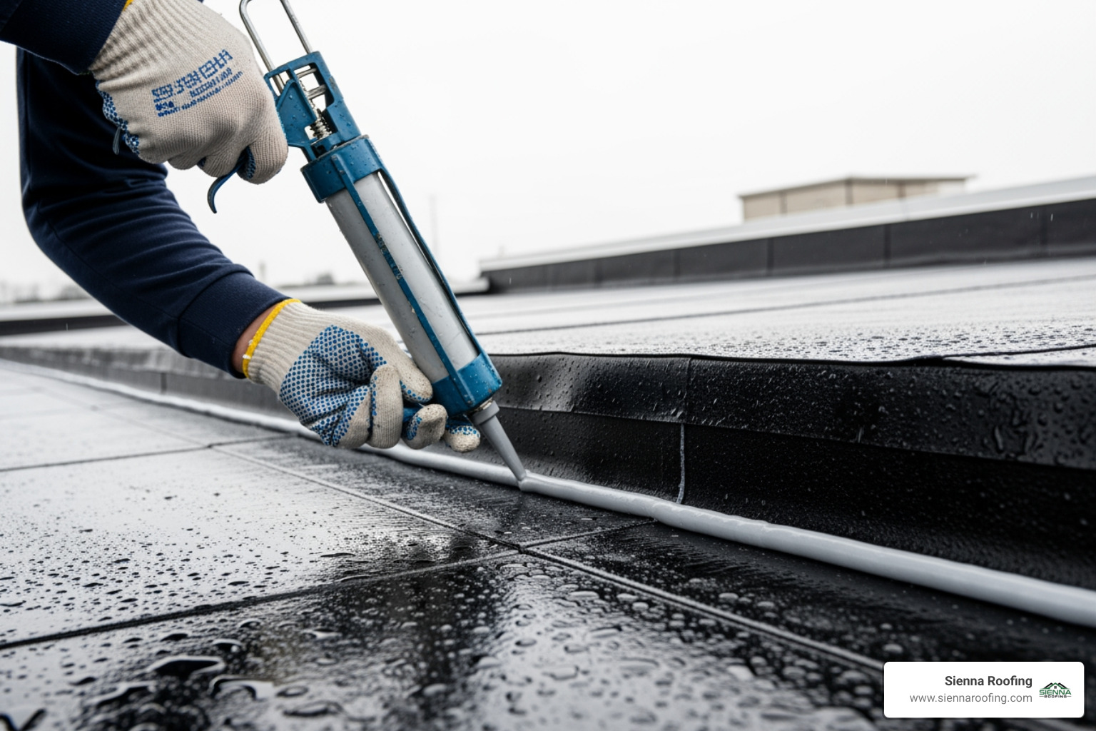 roofer applying sealant to a commercial roof seam - roof repair
