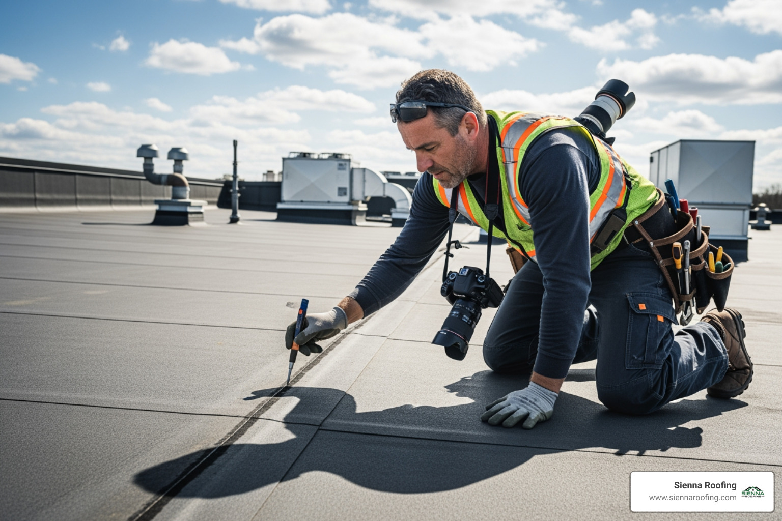 professional roofer inspecting commercial flat roof - roof repair