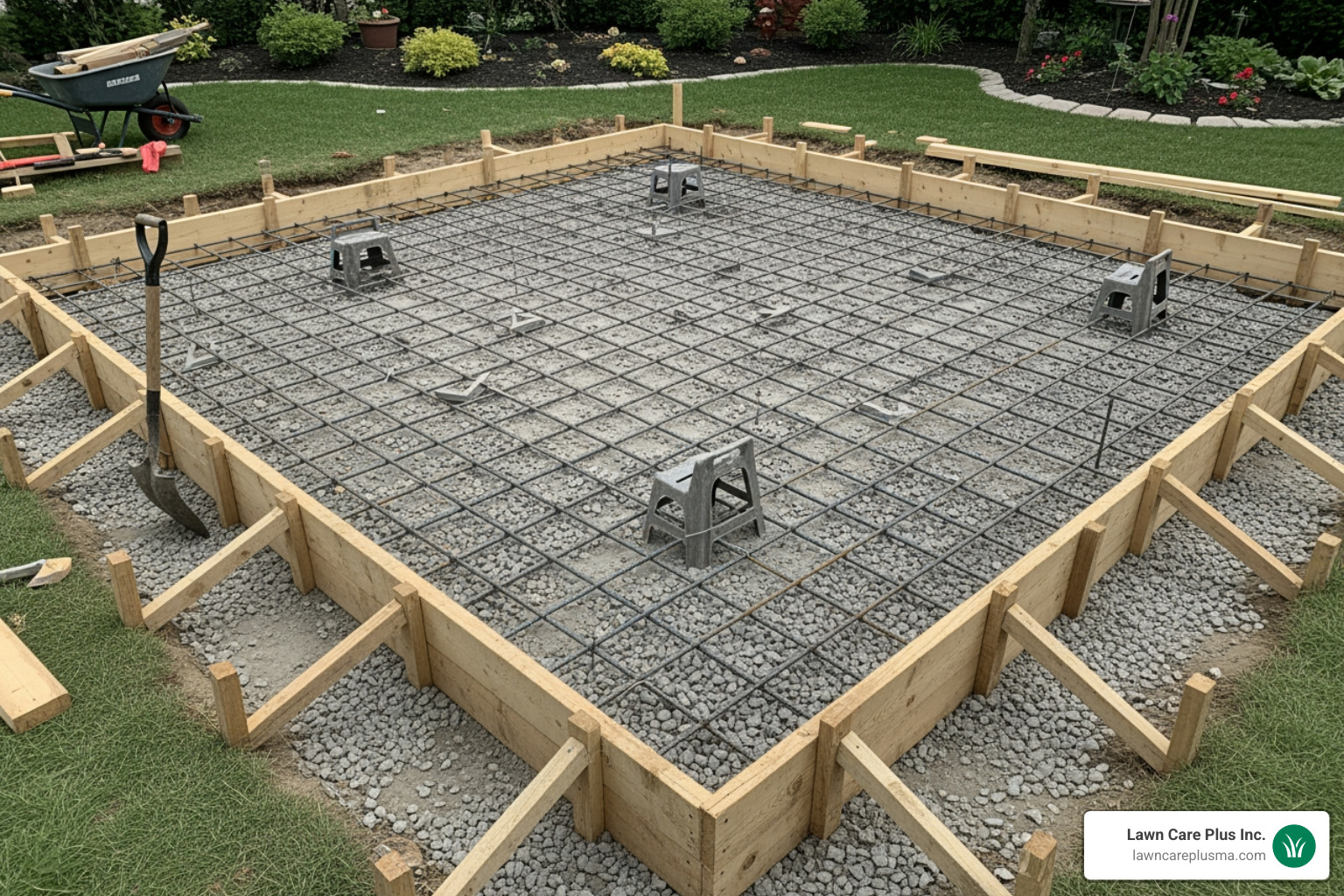 prepared subgrade with wooden forms and rebar in place - how to install a stamped concrete patio
