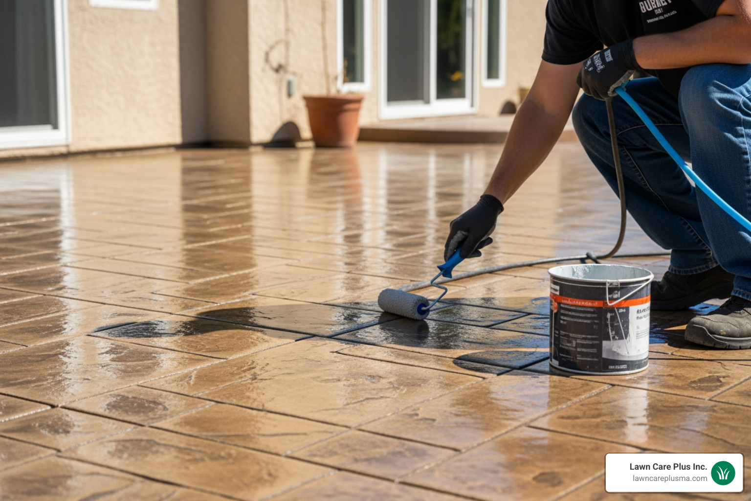 person applying sealer to a finished stamped concrete patio - how to install a stamped concrete patio