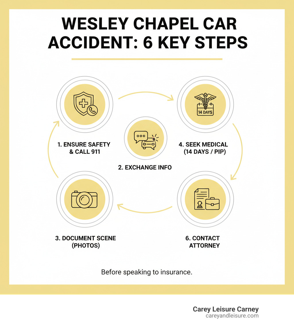 Infographic showing the key steps after a Wesley Chapel car accident: 1) Ensure safety and call 911, 2) Exchange information with other drivers, 3) Document the scene with photos, 4) Seek medical attention within 14 days for PIP benefits, 5) Obtain the official crash report, 6) Contact a Wesley Chapel car accident attorney before speaking to insurance companies - Wesley Chapel car accident infographic Infographic showing the key steps after a Wesley Chapel car accident: 1) Ensure safety and call 911, 2) Exchange information with other drivers, 3) Document the scene with photos, 4) Seek medical attention within 14 days for PIP benefits, 5) Obtain the official crash report, 6) Contact a Wesley Chapel car accident attorney before speaking to insurance companies - Wesley Chapel car accident infographic