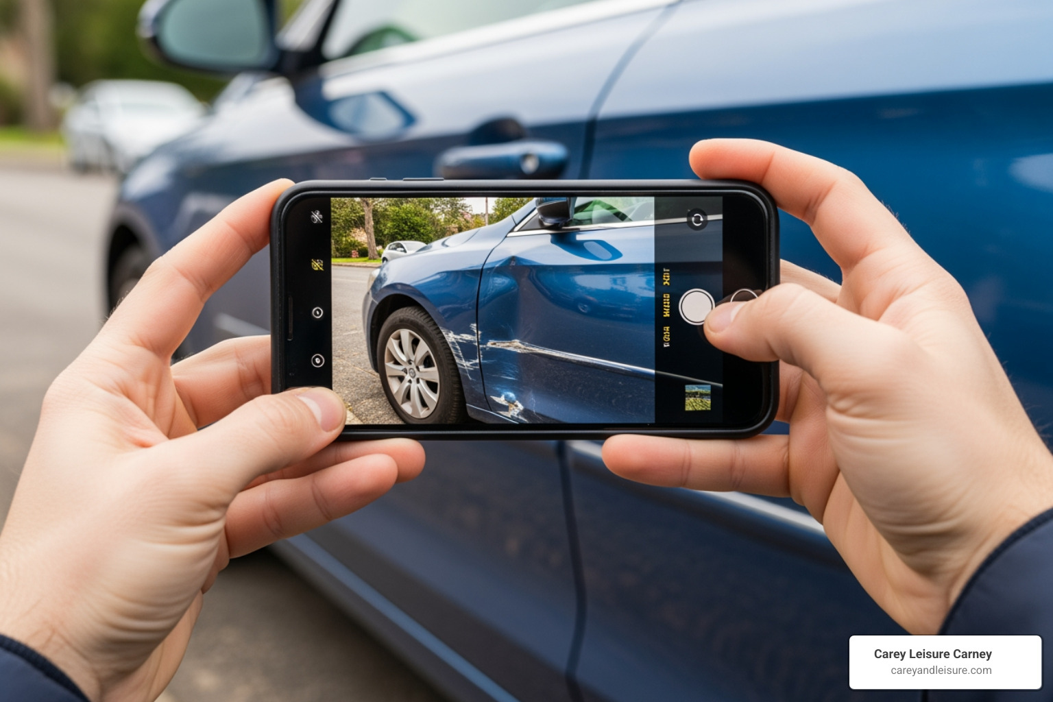 Driver taking photos of car damage with smartphone - Wesley Chapel car accident Driver taking photos of car damage with smartphone - Wesley Chapel car accident