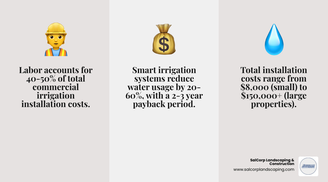 infographic showing the breakdown of commercial irrigation system costs by category: 40-50% labor, 30-35% materials (pipes, heads, valves), 10-15% controllers and smart technology, 5-10% permits and fees, with a separate callout showing typical cost ranges for small (under 1 acre, $8,000-$25,000), mid-size (1-5 acres, $15,000-$60,000), and large properties (5+ acres, $45,000-$150,000+), plus annual maintenance costs of $0.10-$0.20 per square foot - commercial irrigation cost infographic 3_facts_emoji_grey