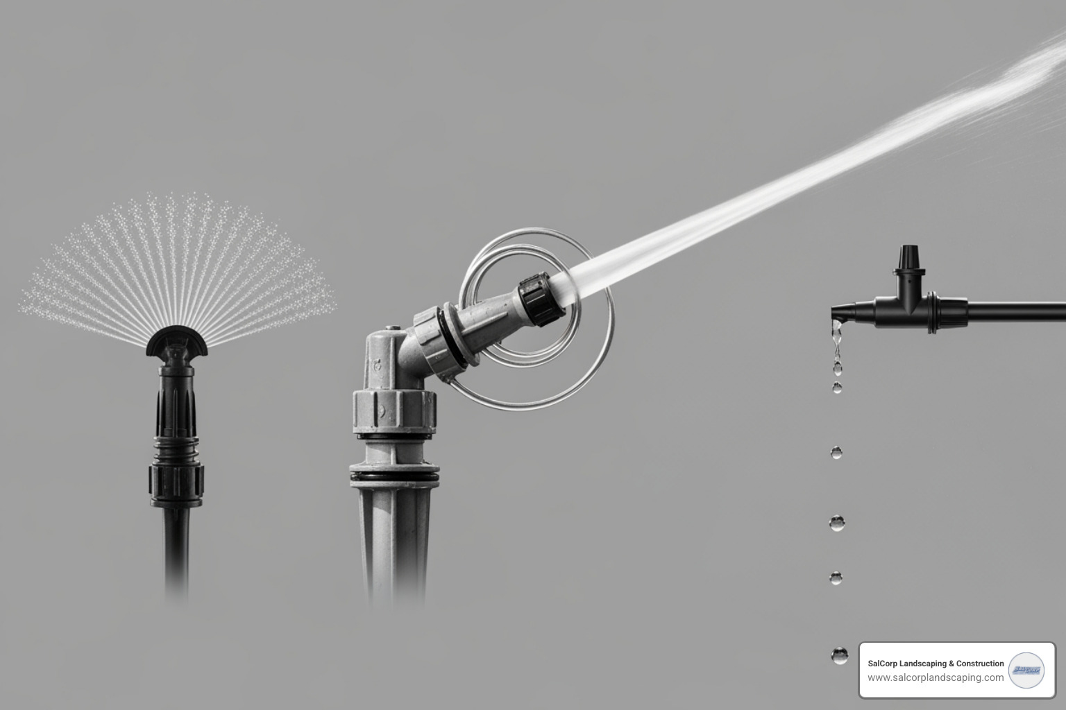 comparison of spray head, rotor head, and drip line emitter - commercial irrigation cost