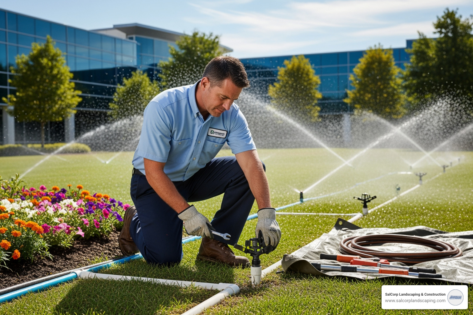 technician performing seasonal sprinkler system check-up - commercial irrigation cost