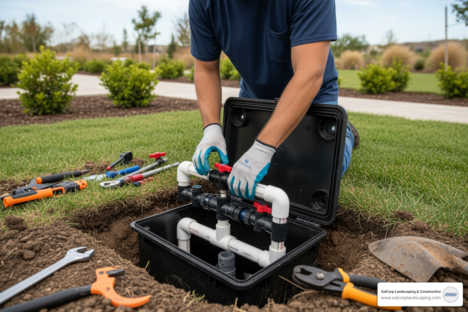 professional installing commercial-grade valve box - commercial irrigation cost