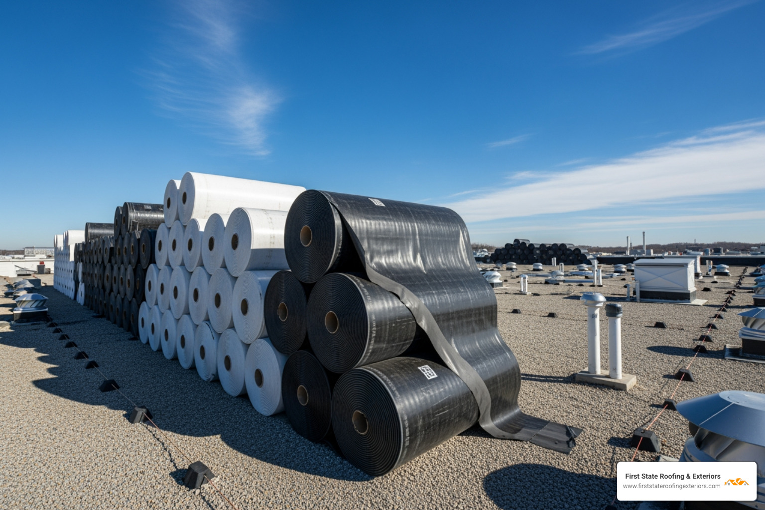 Rolls of TPO and EPDM roofing materials on a commercial rooftop - commercial roofing contractor seaford de Rolls of TPO and EPDM roofing materials on a commercial rooftop - commercial roofing contractor seaford de