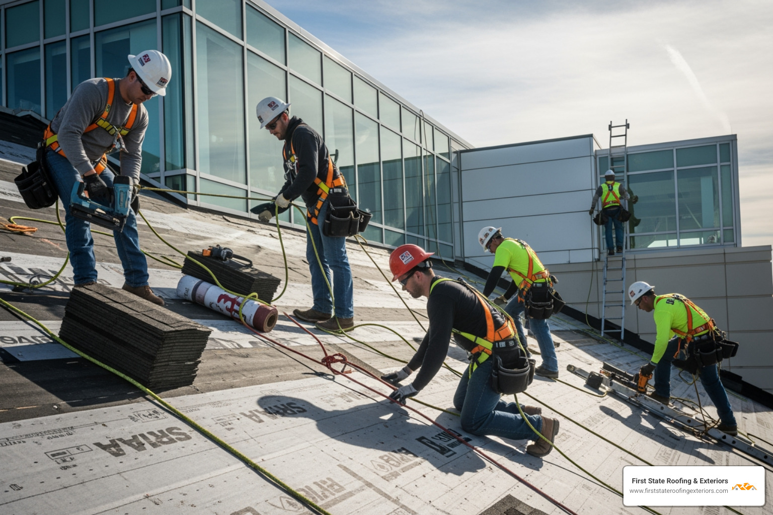 Roofing crew with safety harnesses working on a large commercial building - commercial roofing contractor seaford de Roofing crew with safety harnesses working on a large commercial building - commercial roofing contractor seaford de