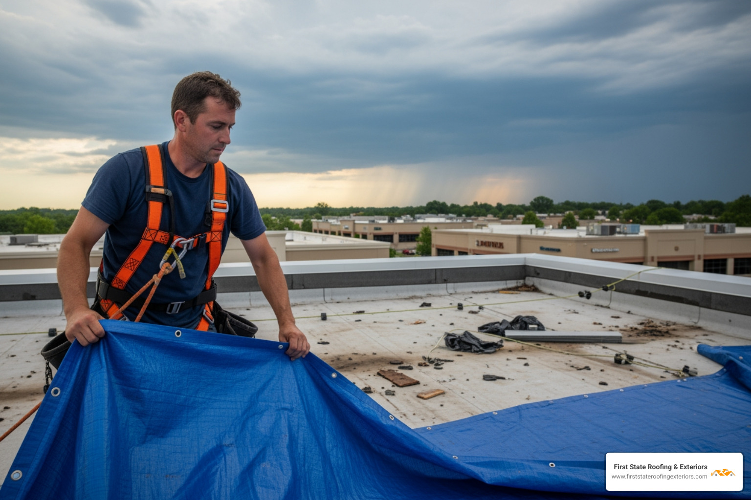 Roofer using a safety harness to tarp a commercial roof after storm damage - commercial roofing contractor seaford de Roofer using a safety harness to tarp a commercial roof after storm damage - commercial roofing contractor seaford de