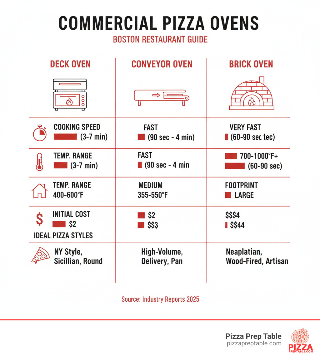 infographic comparing deck ovens, conveyor ovens, and brick ovens showing cooking speed, temperature range, footprint requirements, initial cost, and ideal pizza styles for each type - commercial pizza ovens Boston infographic 