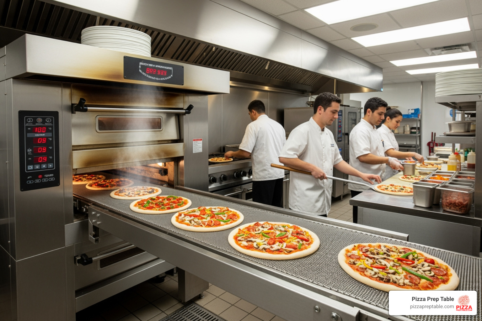 high-capacity conveyor pizza oven in a busy kitchen - commercial pizza ovens Boston