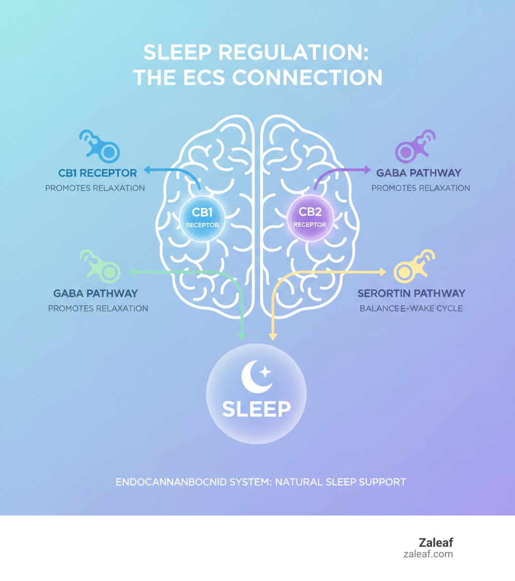 Infographic showing how the Endocannabinoid System regulates sleep through CB1 and CB2 receptors in the brain, interacting with GABA and serotonin pathways to promote relaxation and balance the sleep-wake cycle - CBD vape sleep infographic 