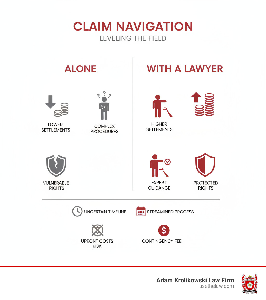 Table comparing handling a claim alone vs. with a lawyer - santa ana california personal injury lawyers infographic Table comparing handling a claim alone vs. with a lawyer - santa ana california personal injury lawyers infographic