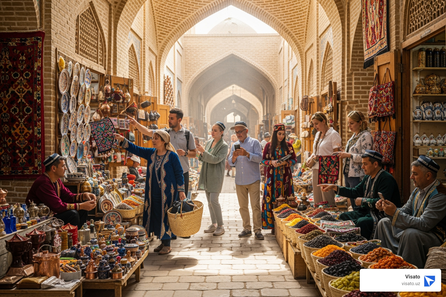 A group of tourists exploring a bustling bazaar in Bukhara - uzbekistan tourist visa fee A group of tourists exploring a bustling bazaar in Bukhara - uzbekistan tourist visa fee